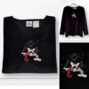 Rare! Vintage 90s Disney Store Velvet Top Long Sleeve Embroidery Mickey & Minnie
